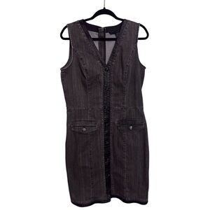 White House Black Market SZ 12 Washed Black Denim Dress Knee Length V-Neck